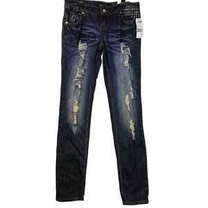 Kensie Skinny Leg Distressed Stretch Jeans 28 Dark Blue Rhinestone Casual